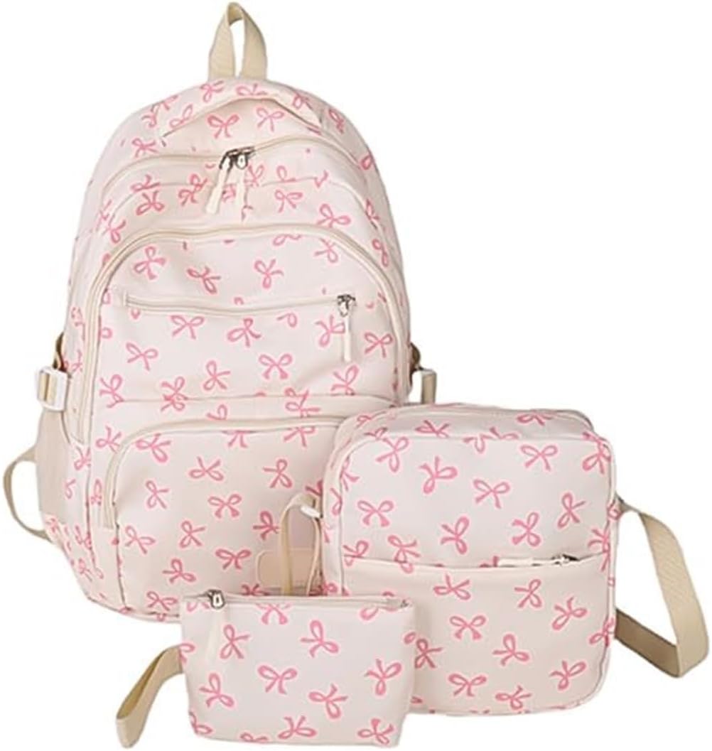 Bow Backpack For Women Aesthetic Nylon Rucksack Cute Kawaii Backpack Set With Bow Pattern Baby Bag Backpacks