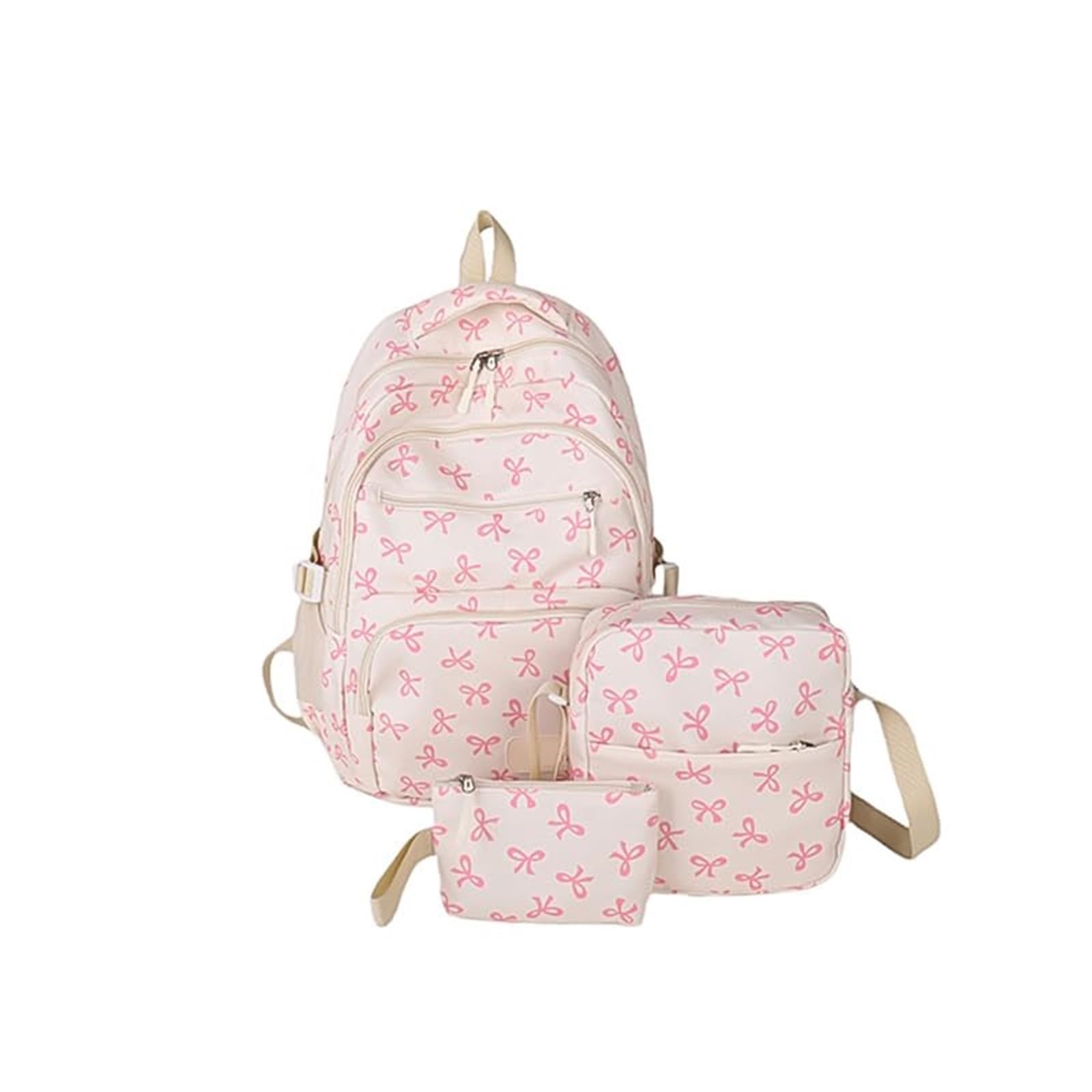 Pink School Backpacks,Back To School Backpack,Bow Backpack For Girls, Coquette Aesthetic Nylon Rucksack Cute Kawaii Back Pack 3Pcs Set With Bow
