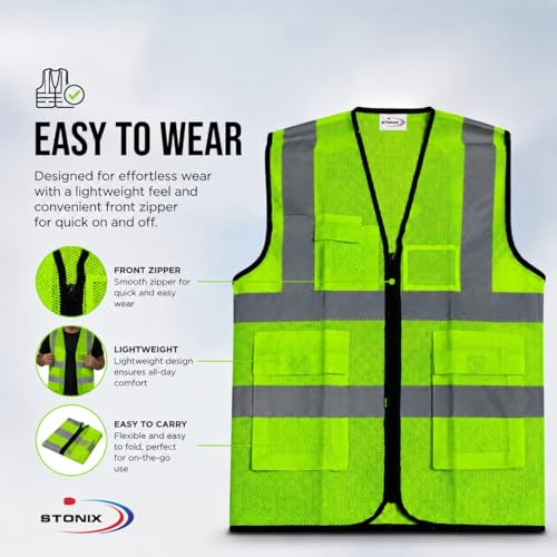 Image of STONIX High Visibility Safety Jacket for Men - Reflective Work Vest with Pockets, Breathable & Durable for Construction, Industrial & Outdoor Work, (Green, Pack of 1,2,5)