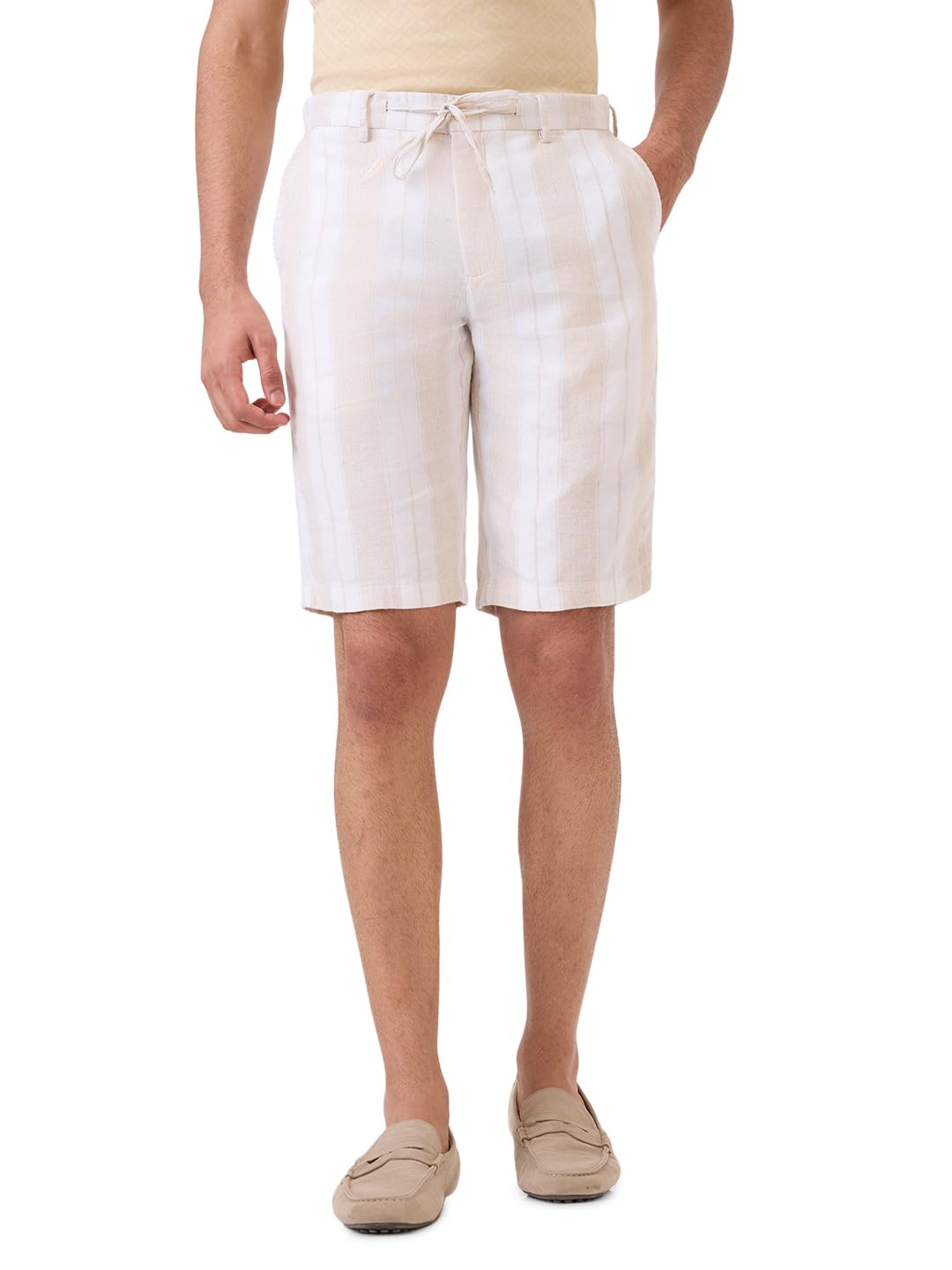 colorplus Men Regular Fit Stripe Pattern Cotton Linen Blend Casual Shorts-picture-23
