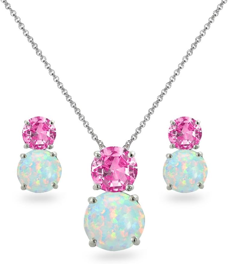 B. BRILLIANT Opal Necklace and Earrings Jewelry Set for Women or Bridesmaids, Genuine, Simulated or Created Gem & Opal Double Round Stones, .925 Sterling Silver Sets With Gift Box