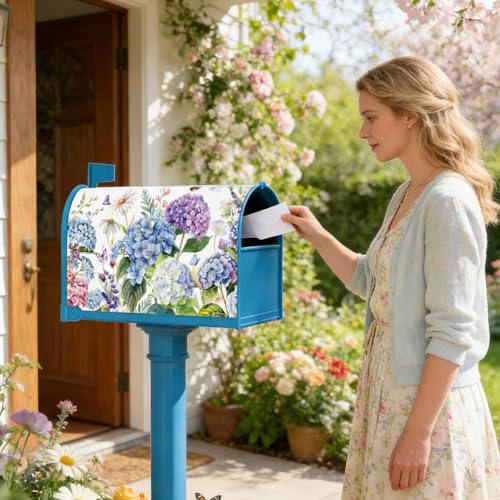 Inisajace Spring Mailbox Covers Magnetic, Floral Hydrangea Mailbox Cover Standard Size 18\" X 21\", Seasonal Flower Post Letter Box Cover Wraps Decor for Outside Garden Yard