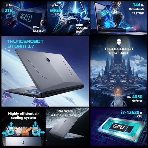 Image of Thunderobot Storm 17 Gaming Laptop, 17.3 inch FHD 144Hz Display, Core i7-13620H, GeForce RTX 4050, 32GB DDR5 RAM, 2TB SSD, RGB Backlit Keyboard, HDMI, Wi-Fi, Win 11 Home