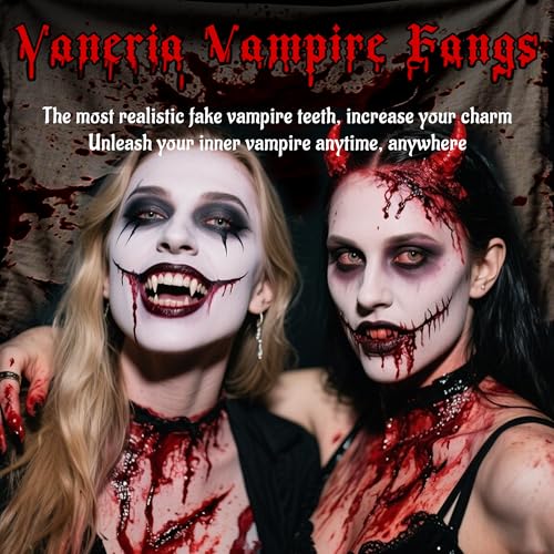 VANERIA 4 Pairs Vampire Fangs,4 Size Fangs For Cosplay Halloween with Tube Solid Adhesive,Vampire Coffin Gift Box Design,Fake Fangs Vegan/Cruelty Free4