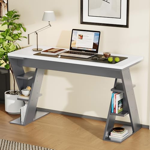 Escritorio Simple Con MDF, Mesa Con Soporte En X, Estantes De Almacenamiento Ajustables, Escritorio Para Oficina Y Estudio, Diseño Gris Y Blanco, 120 x 50 x 74 cm