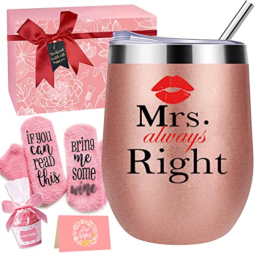 Kaira Mrs. Always Right Wine Tumbler Gifts Set With Lid & Straw & Sock, Funny Wine Glass For Her Wife - Wedding, Anniversary, Valentine's Day,Birthday, Christmas Gifts For Couples, 12Oz (Rose Gold) #TOP10