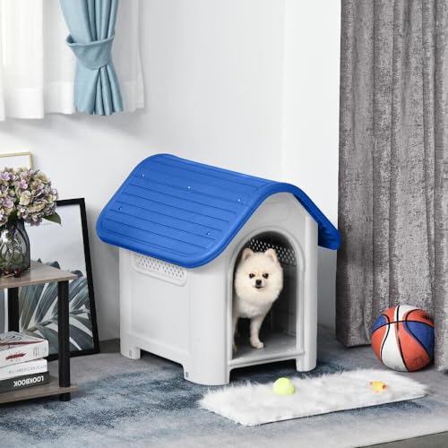 Lanco - Zwinger für kleine Hunde mit Toilette. Innen- und Außenbereich mit Belüftungsöffnungen. Widerstandsfähiges Material. 75x59x66cm. Blau und Weiß.