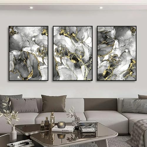 Cuadro abstracto de paisaje de mármol nórdico dorado 60x70cm de 3 piezas