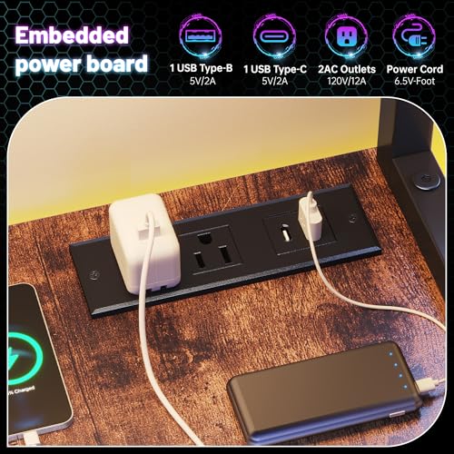 Image of DurayLoly Computer Desk with Hutch,Power Outlets and RGB Light to Protect Eyes,Teen Desk with Shelves for Bookshelf,Reversible Workstation with Printer Space and Monitor Stand for Small Room,Brown