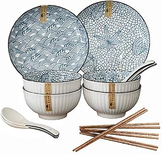 14 Pieces Dinnerware Set, Ceramic Kitchen Dinner Set Service for 4 People, Quality Porcelain, Dishwasher Safe, Japanese Style, Apply to Soup, Pasta, Salad, Udon, etc