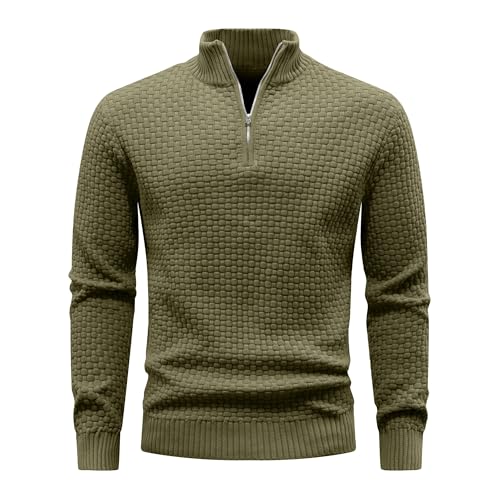 Zaitun Mens Quarter Zip Jumper Waffle Knitted Turtleneck Sweater Warm Long Sleeve Tops Casual Mock Neck Pullover Army Green