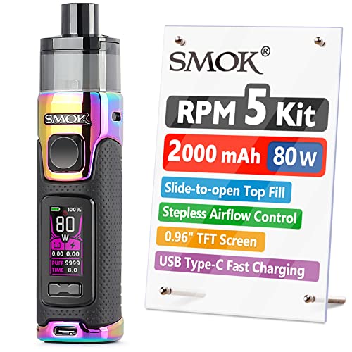SMOK-RPM5-2000mAh-80W-E-Cigarette-Vape-Starter-Kit-2ml-Slide-Top-Pod-Airflow-Control-Vaping-USB-Type-C-Fast-Charging-TFT-Colorful-Display-2-RPM-3-Meshed-Coils-Ecig-No-Nicotine-Prism-Rainbow