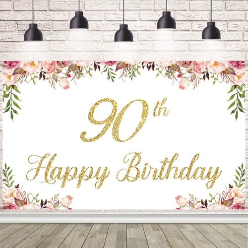 AIBIIN 8x6ft Happy 90th Birthday Backdrop for Women Pink Flowers Photography Background 90th Birthday Decorations for Men and Women Cake Table Banner Photo Shoot Props