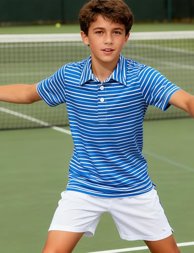 Cuddomper Boy Polo Stripe Shirt Size 11-12 Blue White Short Sleeve Golf Top - image 4