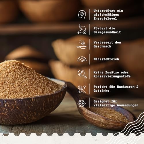 NaturaleBio Kokosblütenzucker Bio 450g. Natürlicher, unraffinierter Süßstoff. Nährstoffreiche Zucker-Alternative mit niedrigem Glykämischen Index. Mit Inulin zur Unterstützung der Darmgesundheit