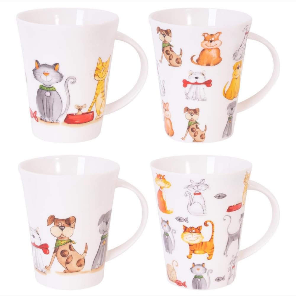 eMKay® Set of 4 Cat & Dog Mugs 13oz New Bone China | Animal Themed Tea & Coffee Cups | Microwave & Dishwasher Safe Matching Mug Set for Home & Office