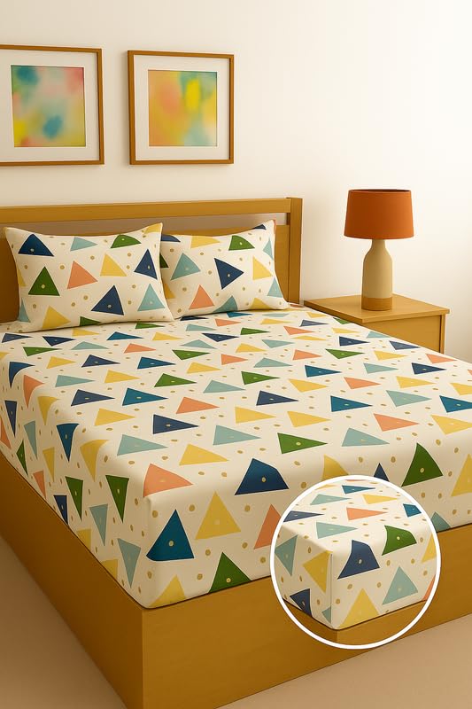 Image of Fitted Sheet Multicolor Geometric Triangle Print Glace Cotton 140 TC King Size (72x78 Inch) with 2 Pillow Covers (18x28 Inch) Deep Pocket up to 10 Inches - Soft & Comfortable