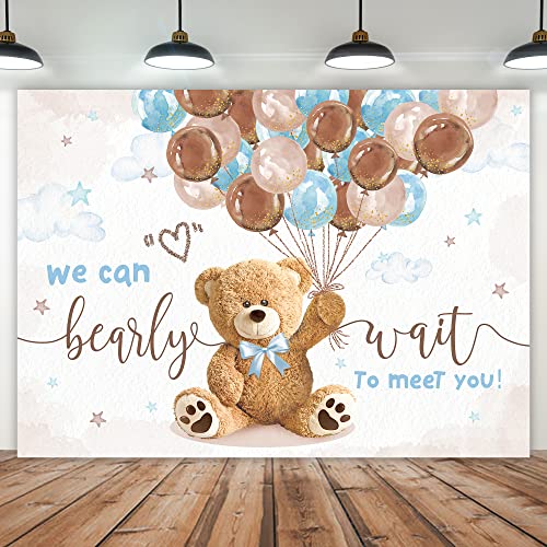 Imirell Bear Baby Shower Backdrop 8Wx6H Feet We Can Bearly Wait for Boys Balloons Gold Dots Cute Cartoon Polyester Fabric Newborn Photography Backgrounds Photo Shoot Decor Props Decoration by Imirell - Used condition - US$22.43