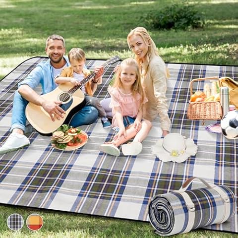 G GOOD GAIN Picnic Outdoor Blanket-Waterproof Picnic Blankets | Portable Camping Blanket | 3-Layer Beach Blanket Sand Free | Park Mat for Grass, Hiking, Travel, Concerts, Indoor(60x60,Blue Check) Cover
