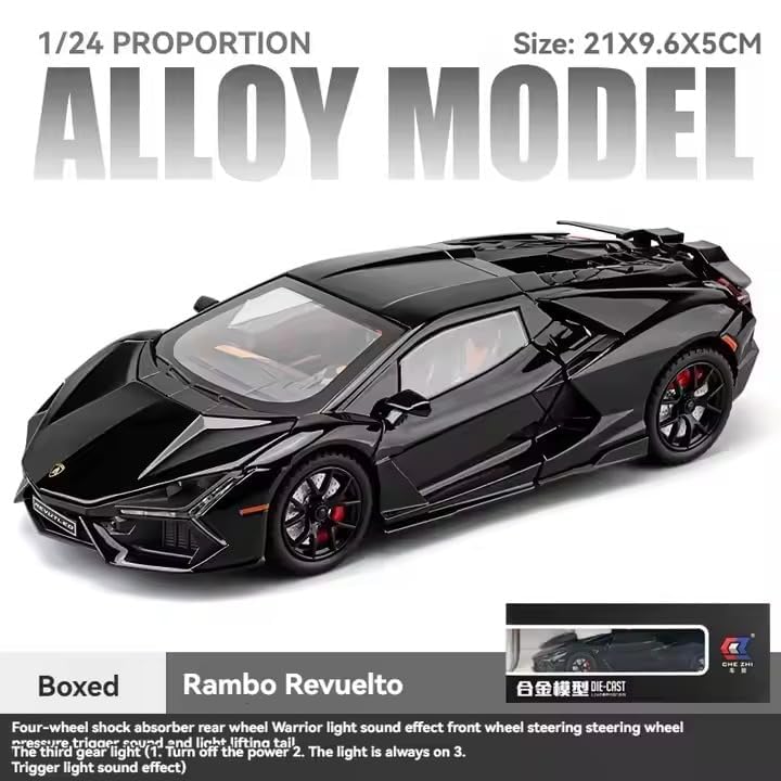 Image of Exclusive Alloy Metal Pull Back Die-Cast Car Diecast Metal Pullback Toy Car with Openable 6 Doors,Light Music Boys Gifts Toys (1:24 Lamborghini Revuelto Sport-Black)