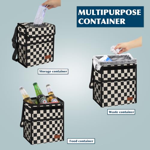 Image of Femuar Leak Proof Car Trash Can with Lid, Collapsible Hanging Waterproof Car Trash Bag with Mesh Pocket for SUV Front Seat Headrest, Black White Plaid