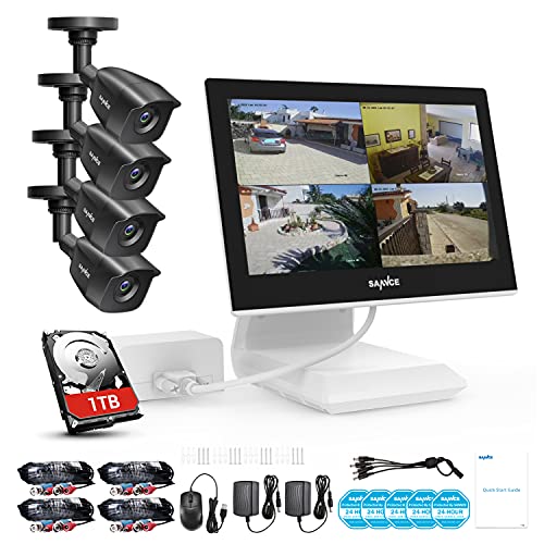 True All-in-One Home Security Camera System with Built-in 10.1" LCD Monitor,SANNCE 4CH 1080P Surveillance DVR Recorder with 4Pcs Metal 120ft Night Vision Cameras, Easy Remote Access,1TB HDD Included