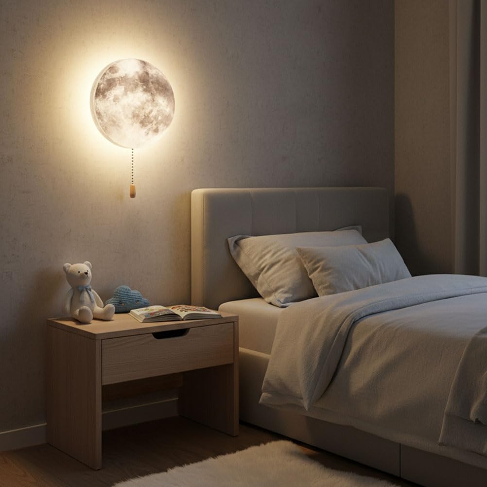 EaEa Wandlampe Mond Kinderzimmer LED Batterien Wandleuchte mit Zugschalter 3 Farbtemperaturen Kabellose Nachtlicht Wand Moonlampe für Kinder Madchen Junge Baby Schlafzimmer Nachttischlampe