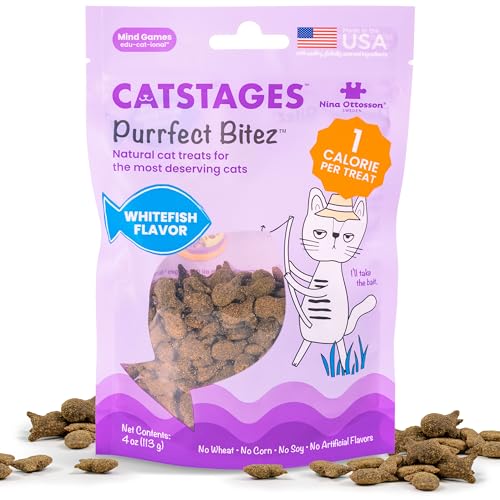 Catstages by Nina Ottosson Purrfect Bitez Natural Crunchy Cat Treats for Puzzles, Toys, Feeders, & Training, USA-Made, Real Whitefish Flavor, 4oz