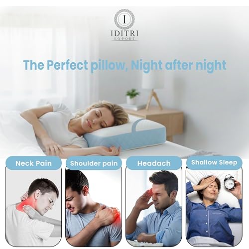 Image of Cervical Neck Support Pillow, High Density Memory Foam Contour for Sleeping, 50x30x6 cm, White and Sky Jacquard Shell, Orthopedic Bedding Cushion for Snoring Relief, Aligned Spine