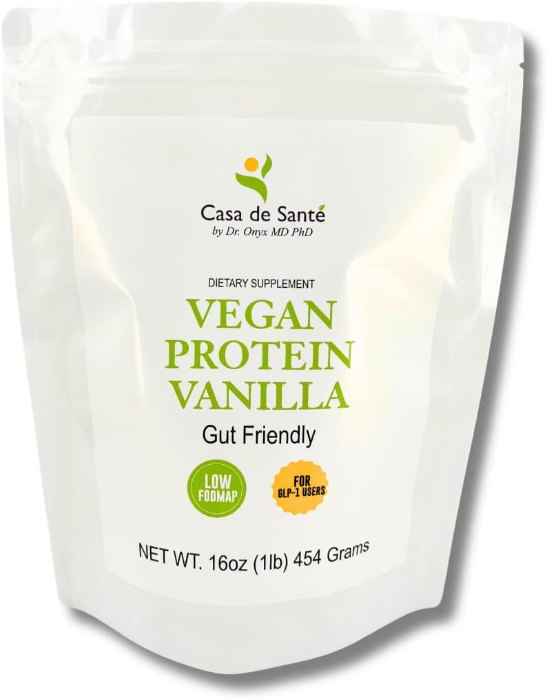Casa de Sante Vegan Protein Vanilla - GLP-1 Support Low FODMAP Gut Friendly Plant Protein Powder - 21g Protein - MD PhD Formulated - Pea Hemp Sacha Inchi - 16 oz