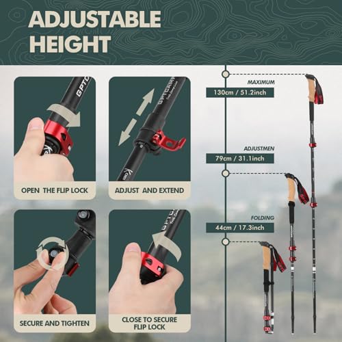 GPTCAMP Walking Sticks,Trekking Poles Collapsible Hiking Poles,Lightweight Folding Travel Walking Pole for Men Women,2pc Adjustable Hiking Stick with EVA Foam Grips for Backpacking,Red by GPTCAMP - Image 3