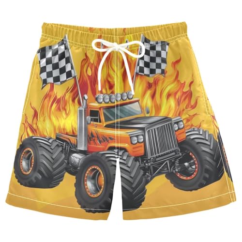 Yellow Racing Car Fire Truck Boys Swim Trunks Kids Toddler Beach Board Shorts Teen Quick Dry Bathing Suit Swimsuit