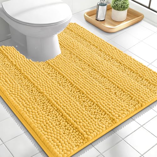 Image of OLANLY Thick Toilet Rugs U-Shaped 24x20, Extra Soft Absorbent Chenille Striped Contour Bathroom Rugs for Toilet, Dry Quickly, Machine Washable, Non-Slip Bath Mat, Yellow