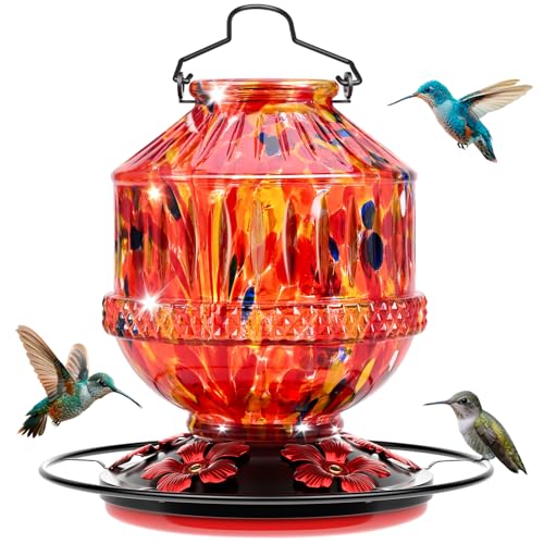 Blown Glass Hummingbird Feeders for Outdoors, 25 Ounces Wild Bird Nectar Feeder with Perch & 5 Flower Feeding Ports Leak Proof Hanging for Garden Backyard Decor, Gifts for Women Mom, Sunrise Red