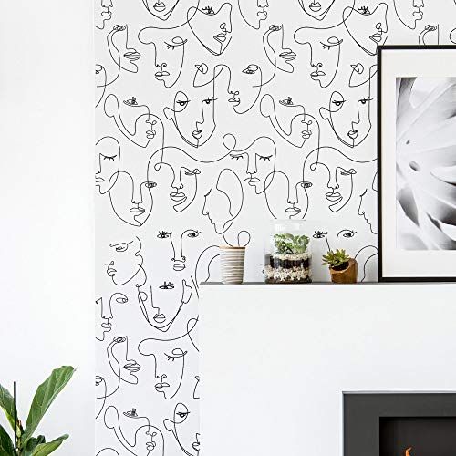 Minimalist Face Line Art Wallpaper - Peel And Stick (6 Sheet Pack - 2X9 Feet, Black) #TOP5