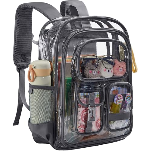 Image of Grey Clear Backpack Heavy Duty, Large Clear Bookbag for Boys Girls Adult, See Through Book Bag Transparent Backpacks with Multiple Pockets for School College Work Casual
