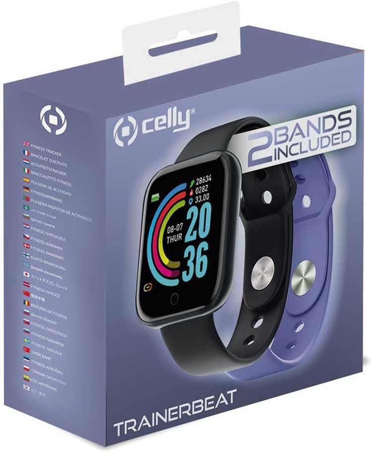 Celly Trainer Smartband retail box showing the smartwatch and an extra purple strap