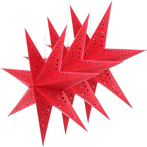 Image of 3PCS Paper Star Lantern Lamp Shade Christmas Stars Hanging Garland Large Hollow Out Xmas Tree Topper Foldable New Year Wedding Party Holiday Birthday Dercoration for Indoor and Outdoor 20in (Red)