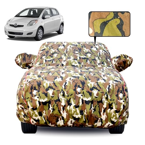 Image of Waterproof Car Body Cover for Toyota Yaris with Mirror Pocket, Soft Cotton Lining, Triple Stitched, Full Bottom Elastic (Heat Resistant Jungle Print with Red Piping)