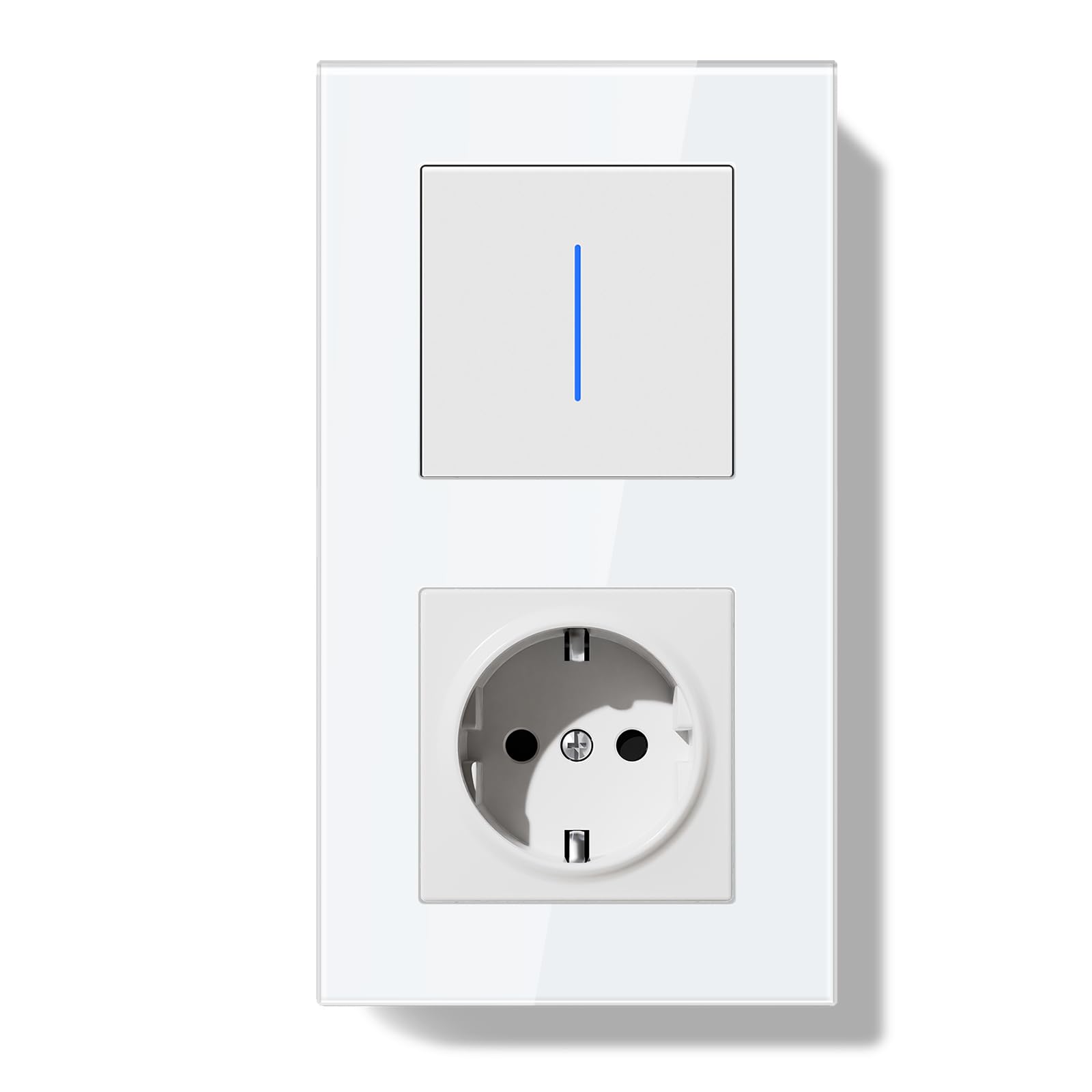 Enchufe con Interruptor,Interruptor Pared Empotrado con Marco de Cristal con LED Indicador,1 Gang 1 Vía,Fácil Instalación Diseño de Gancho de Garra 157 * 86mm Blanco
