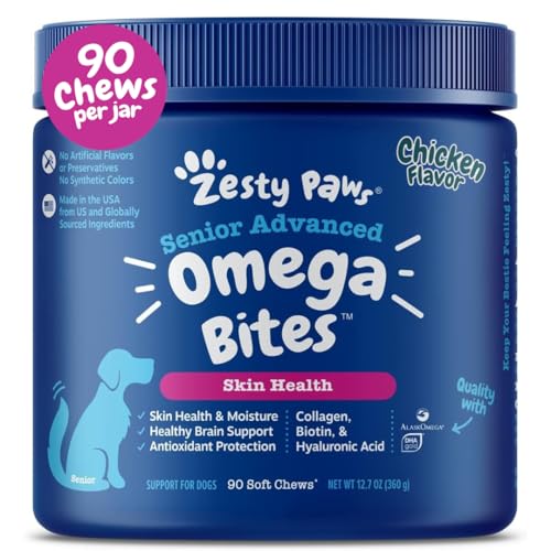 Zesty Paws Skin & Coat Bites for Dogs – Fish Oil Soft Chews with Omega-3 Fatty Acids EPA & DHA - Skin, Coat, Antioxidant & Immune Support - Advanced - 90 Count