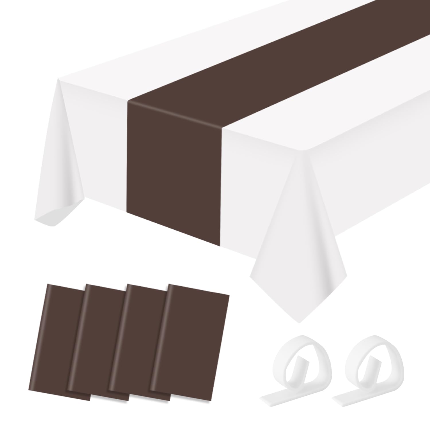 Photo 1 of Premium Disposable Plastic Table Runner 14 x 108 Inch Table Runner for Wedding Dinner Birthday Banquet Halloween, Christmas Party Decoration (Brown, 4 Pack Rectangle) Brown 4 Pack
