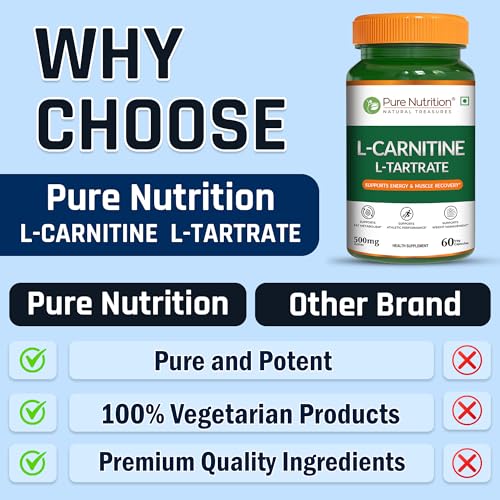 Image of Pure Nutrition L Carnitine L Tartrate | L Carnitine Supplement Capsules for Men & Women | Pre Workout Supplement | Fat Burner & Energy Booster | Supports Fat Metabolism, Muscle Recovery & Performance - 60 Veg Capsules