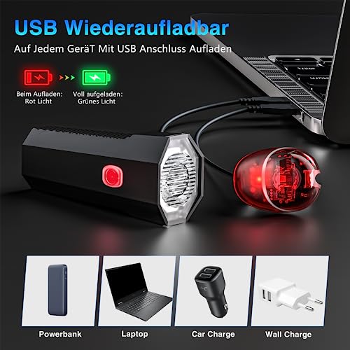 LED Fahrradlicht Set Wiederaufladbare, STVZO Zugelassen Fahrradlicht Fahrradlichter Fahrradlampe Set Wasserdicht und USB-Aufladung Fahrrad Licht mit Frontlichter & Rücklicht Fahrradbeleuchtung