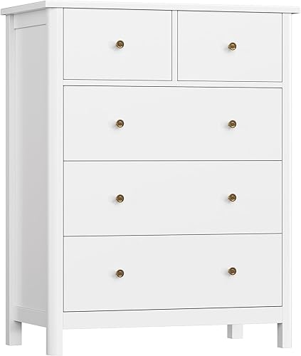 HOUSUIT White Dresser with 5 Drawers, Tall Chest of Drawers, 5 Drawer Dresser with Deep Space, Wood Storage Cabinet for Living Room, Hallway,