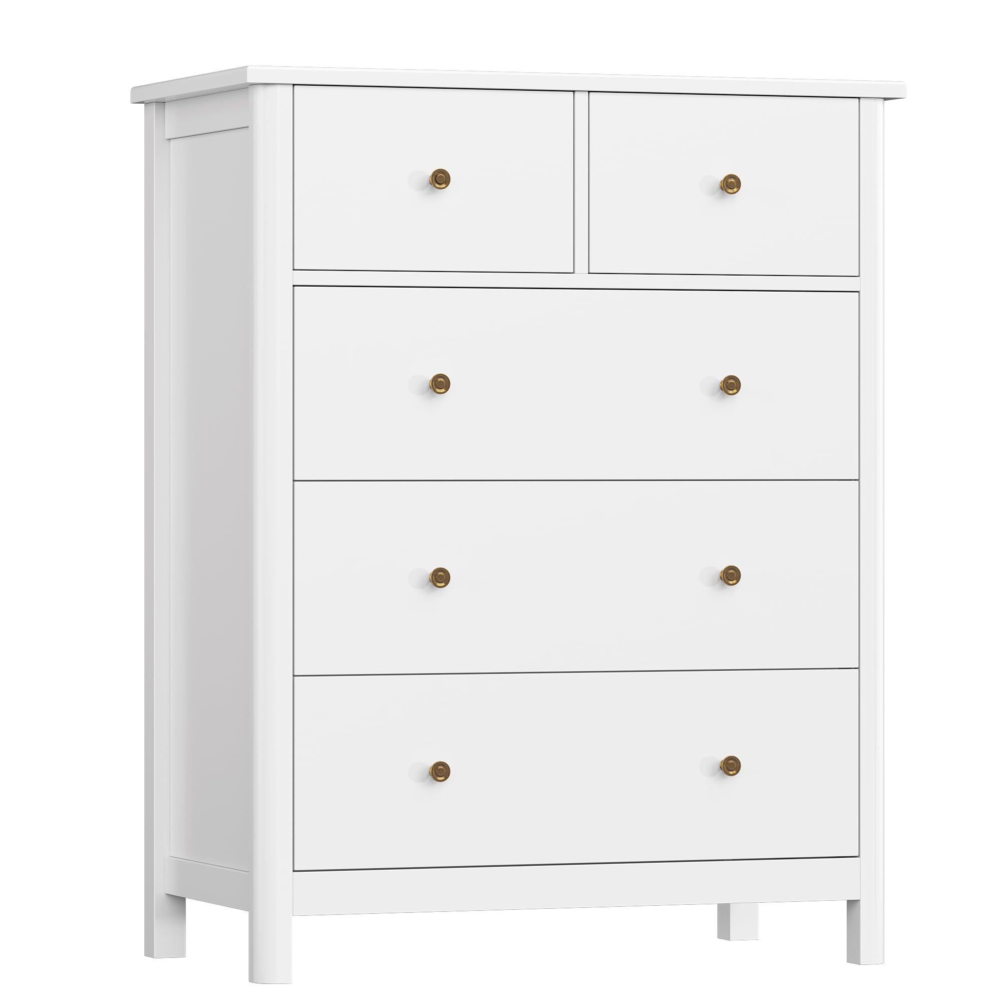 HOUSUIT White Dresser with 5 Drawers, Tall Chest of Drawers, 5 Drawer Dresser with Deep Space, Wood Storage Cabinet for Living Room, Hallway, Office, White