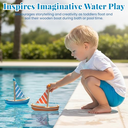 WOODENFUN Holz Segelboot Kinder Holzschiff Spielzeug Set 2pcs Boot für Kleinkinder Streifenboot wasserfest Kinderspielzeug Pool ab 1 Jahren