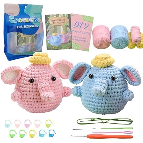 Crochet Kit for Beginners, 2PCS Elephant Crochet Animal Kit with Step-by-Step Video Tutorials, Beginner Crochet Kit for Adults Kids Women Men Crochet Starter Kit Valentine's Day Gift Cover