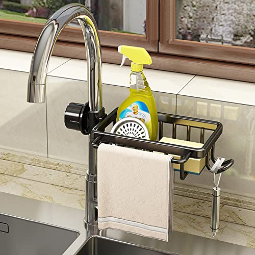 WINGSIGHT Faucet Sponge Holder Kitchen Sink Caddy Organizer Over Faucet Hanging Faucet Drain Rack for Sink Organizer (Upgraded with Dishcloth Rack, Black)