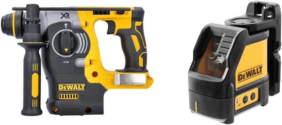 DewaltDCH273N-XJ 18V XR Li-Ion SDS Plus Rotary Hammer Drill, 18 W, 18 V, Yellow/Black & DW088CG 2-Way Self Levelling Cross Line Green Beam Laser with Carry Case